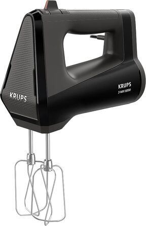 Krups GN6028 3MIX 6000 Hand Mixer | 600 W | Precise Control | Soft-Touch Handle | Long Cord | Practical Speed Control | Includes Whisk and Dough Hook | Black