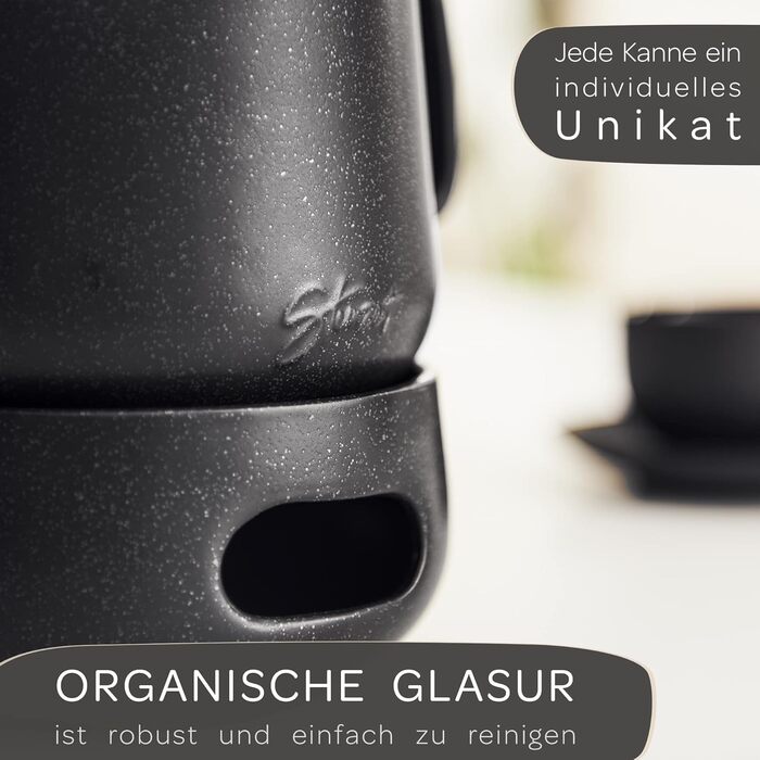 STEINZEIT Design Teapot with infuser made of rust-resistant 304 stainless steel - Teapot ceramic with unique glaze with removable strainer - black (1.3L with trivet)