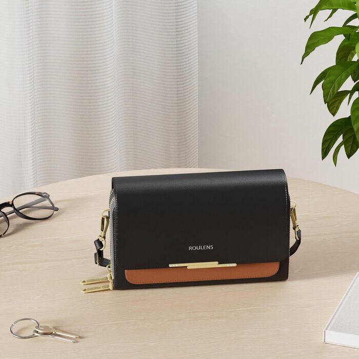 Сумка Roulens Klein через плече для жінок, веганська шкіра, чорно-коричнева. Компактна крос-боді сумка для телефону, паспорта та карток з регульованим ремінцем