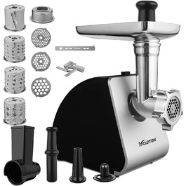 Electric Meat Grinder 2000W Multi-Purpose Kitchen Machine with Sausage Maker, 3 Cutting Discs, 4 Mincer Blades, Sausage Stuffer & Pastry Attachment - Silver & Black