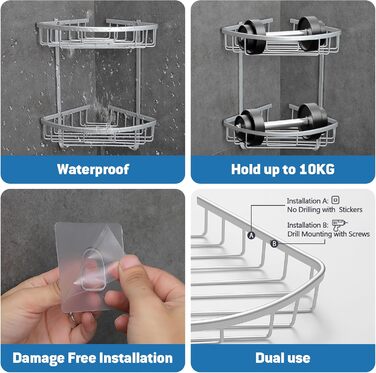 Поличка для душу Gricol Eck-Duschregal без свердління, металева, кутова, з 2 гачками, для ванної кімнати, срібна