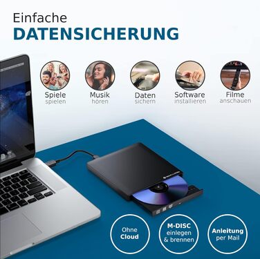 Зовнішній Blu-ray привід techPulse120 USB 3.0: 3D запис M-Disc, BDXL, DVD, CD, Slim дизайн, алюміній, чорний — для ноутбуків, ПК, Windows, MacOS, MacBook Pro Air