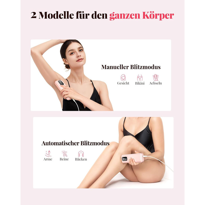 Пристрій для епіляції IPL Laser - Безболійна епіляція вдома: 9 рівнів, 999 900 імпульсів світла для тіла, обличчя та бікіні. Рожевий колір