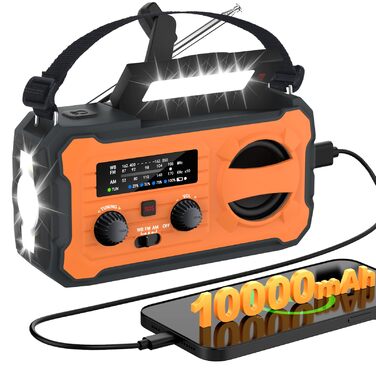 Радіоприймач FIVAVA на сонячних батареях з ручним заводом, Powerbank 10000mAh, SOS-сигнал, LED-ліхтарик, USB. Для кемпінгу, надзвичайних ситуацій (Помаранчевий)