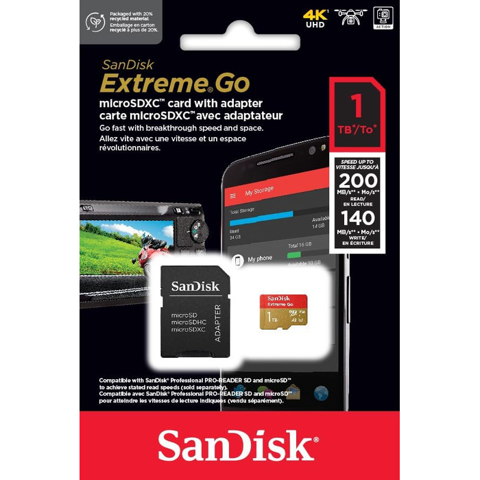 Карта пам'яті SanDisk 128GB Extreme microSDXC з адаптером, швидкість читання до 190МБ/с, клас U3, V30