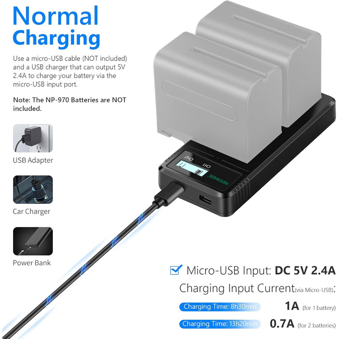 Зарядний пристрій NEEWER Dual USB для акумуляторів Sony NP-F серії (F970, F960, F950, F930, F770, F750, F570, F550) з LCD-дисплеєм, швидка зарядка, 2 канали