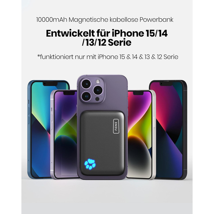 Магнітний повербанк сумісний з чохлом MagSafe, 10000mAh, бездротова швидка зарядка, USB-C вхід/вихід, зовнішній акумулятор для iPhone 15 14 13 12 Pro Max