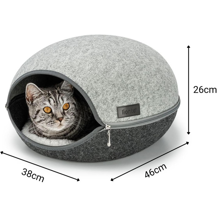 Lionto Cat Cave made of durable felt, cozy cuddle cave with zipper, 46x38x24 cm, comfortable and modern cat bed with soft and washable cushion, grey