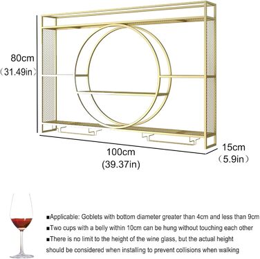 Настінна полиця для вина з металу, 100 см, золота, з утримувачем для келихів, LED-підсвічуванням, для бару, вітальні, кухні