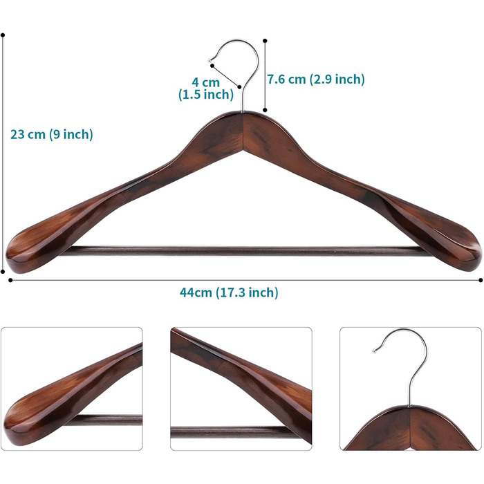 Wooden Clothes Hangers, 6-Piece Suit Hangers, 360° Swivel Hook, for Jackets, Shirts, Suits, Coats, 44 x 5.5 x 23 cm (L x W x H), Dark Walnut AWY0406H