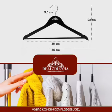 40 Wooden Clothes Hangers with Anti-Slip Grooves, RealGruccia Black Wood Hangers for Trousers, Suits, Shirts - with Trouser Bar, Polished Surface, Swivel Hook, and Angled Profiles - 22x45cm