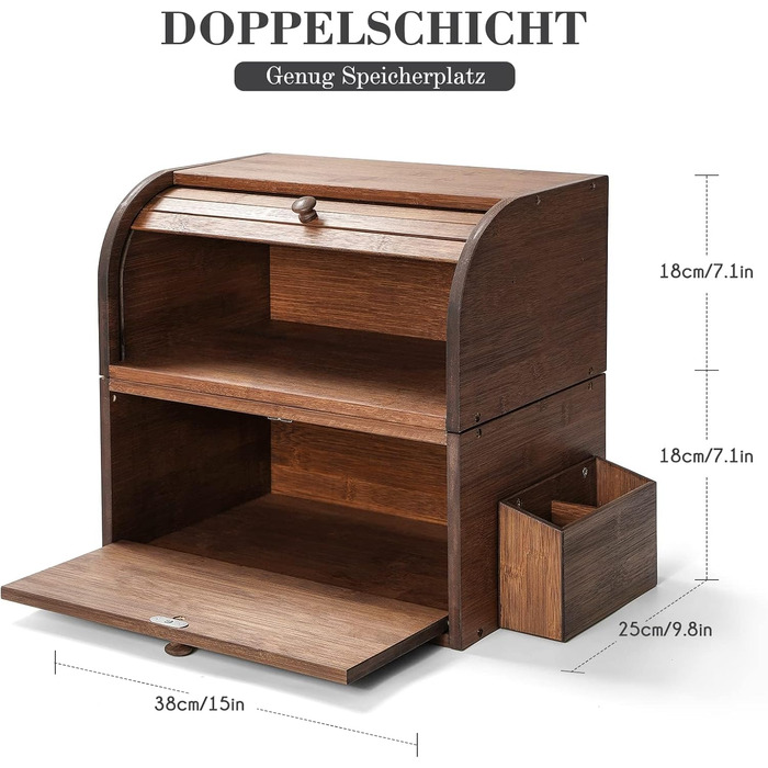 Brotbox з бамбука GUUSII HOME: велика, ретро, еко, з ролетним кришкою, двошарова, 38x25x36 см