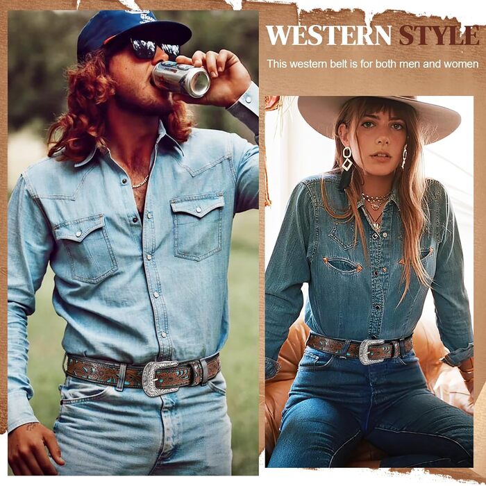 Жіночий шкіряний ремінь XZQTIVE Vintage у стилі вестерн з гравіюванням для джинсів, штанів, суконь. Колір: темно-коричневий, синій (бірюзовий діамант). Довжина: 100 см, підходить для об'єму талії 68-80 см