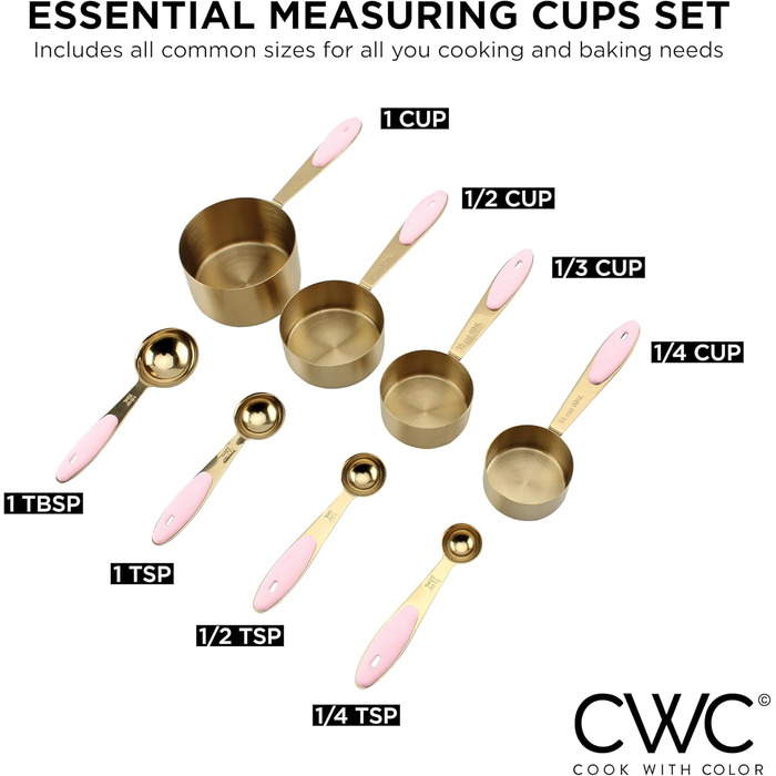 Cook with Color 8-Piece Gold Stainless Steel Measuring Cups and Spoons Set with Soft Silicone Handles, Nesting Liquid or Dry Measuring Cups