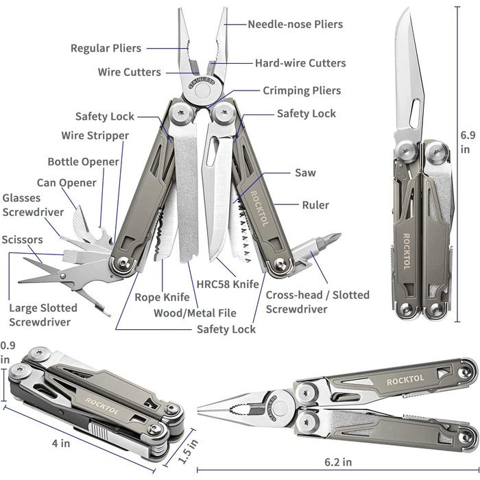 ROCKTOL 19-in-1 Multifunction Pliers - Titanium Coated EDC Tool with Safety Lock & Nylon Sheath - Gift for Men