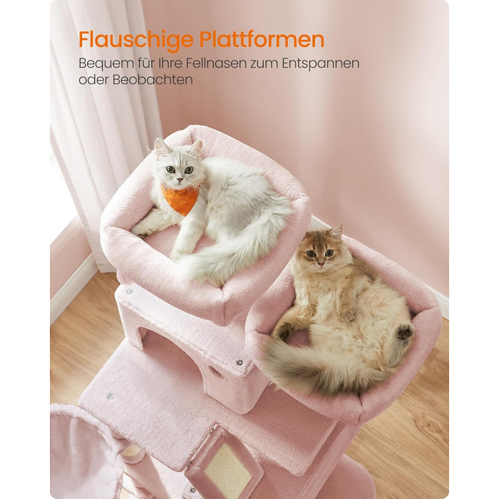 Кігтеточка Feandrea для котів, 206 см, XXL, з 13 кігтеточками, 2 платформами, 2 хованками, кошиком, помпонами, багатоярусна, плюшеве покриття, для дому, кремово-білий колір