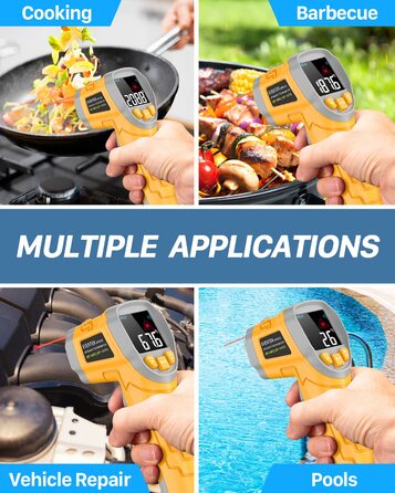 Інфрачервоний термометр Eventek -50°C ~ 600°C з лазером, регулюванням випромінювання та LCD-дисплеєм для гриля, піци, кухні та промисловості (жовтий)