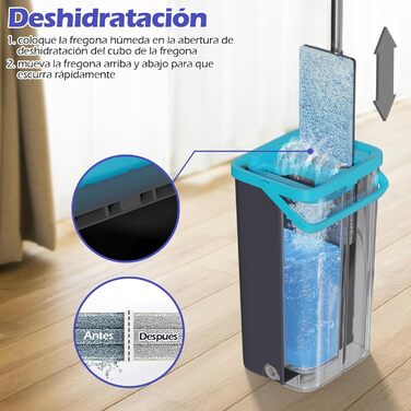 Набір для миття підлоги Wischmopp з відром, мікрофібра, віджимний механізм, 2 в 1, регульована ручка, 6 мікрофібрових насадок, сірий + блакитний