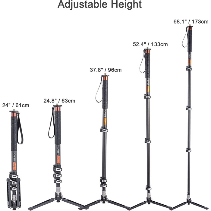 Штатив монопод Cayer з вуглецевого волокна, 172.7 см, телескопічний, для DSLR та відеокамер