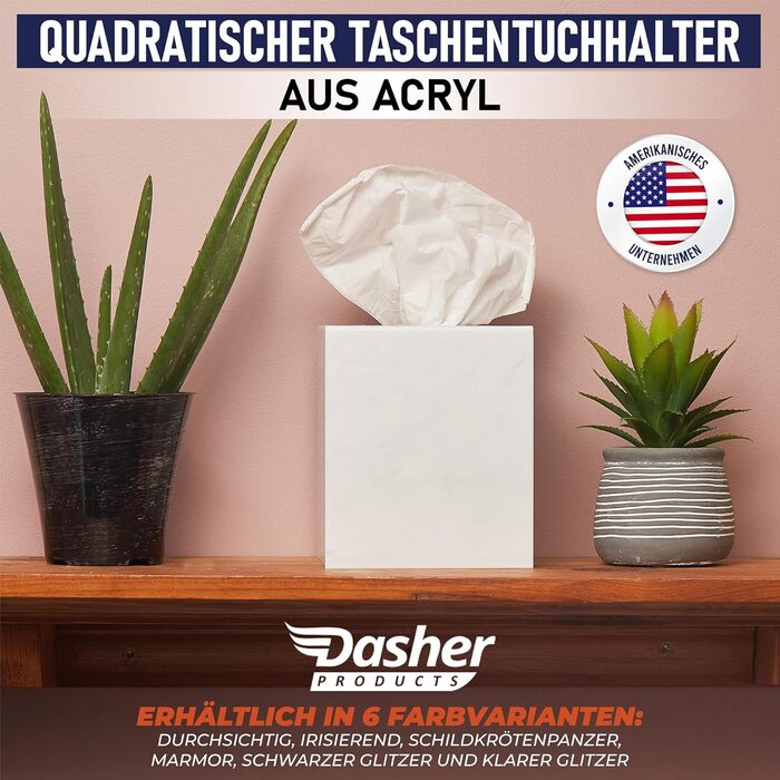 Acrylic tissue holder, transparent tissue box for cosmetic tissues, napkins, and lint-free cloths. Perfect for bathrooms, desks, workspaces, and vanity tables (Square, Marble)