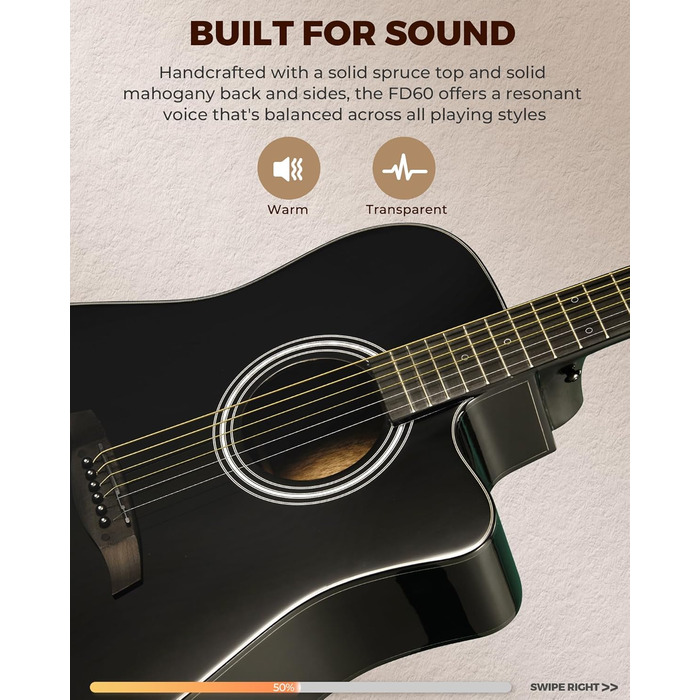 Акустична гітара Fesley X Kit FD60C, 41 дюйм, 6 струн, чорний колір, для початківців, з аксесуарами