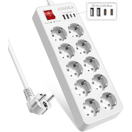 Мережевий фільтр 8 розеток з USB C, захист від перенапруги, адаптер з 2*USB A та 2*USB C, мережевий роз'єм для стіни з подвійним вимикачем, кабель 1.5м чорний (білий)