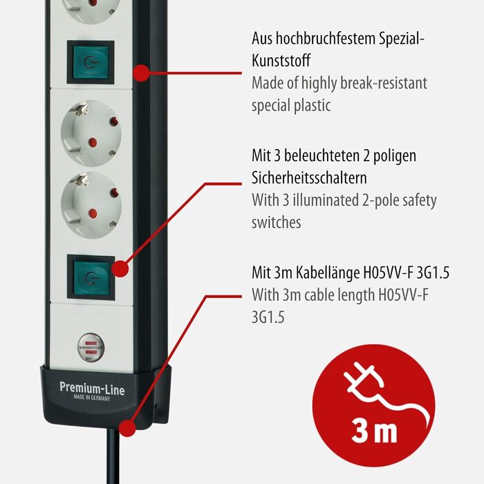 Бренненштуль Premium-Line Розподільний блок 6 розеток з вимикачами та 3м кабелем (монтаж на стіну), чорний/сірий, Made in Germany