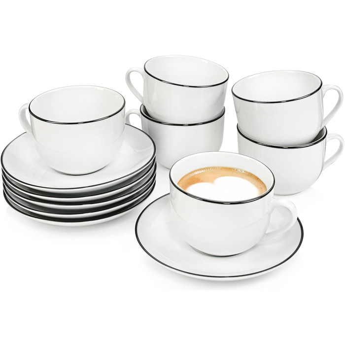Sänger | 12-Piece Marlo Black Rim Tea/Coffee Set with Saucers, Coffee Cups for 6 People, Porcelain Coffee Set, Coffee Cup with Saucer, White with Black Accents, 200 ml | PREMIUM COLLECTION