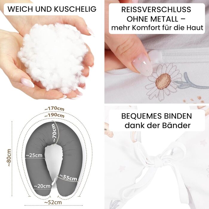 Подушка для вагітних Amilian Stillkissen 170 см XXL – подушка для сну на боці, подушка для годування, body pillow з чохлом