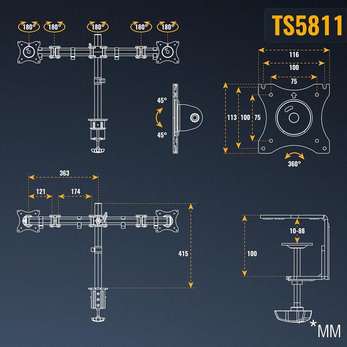 Кронштейн для двох моніторів RICOO TS5811, подвійний навіс для комп'ютерних моніторів 13-27 дюймів, настільний тримач для PC та Gaming моніторів