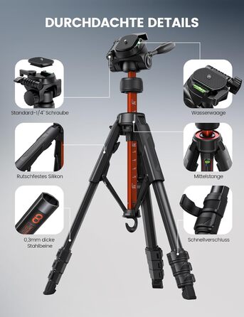 Штатив для камери та смартфона Lamicall Tripod: посилений трипод з швидким відкриттям, вантажопідйомність 8 кг, висота до 170 см, 4 рівні регулювання, помаранчевий