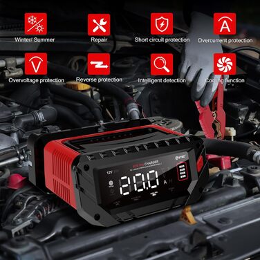 Автоматичний зарядний пристрій HTRC 12V/24V 20A для автомобільних акумуляторів, LiFePO4, літієвих та свинцево-кислотних батарей (AGM, GEL, MF, EFB, SLA, VRLA, Wet), для авто, мотоцикла, човна, газонокосарки, P20PRO