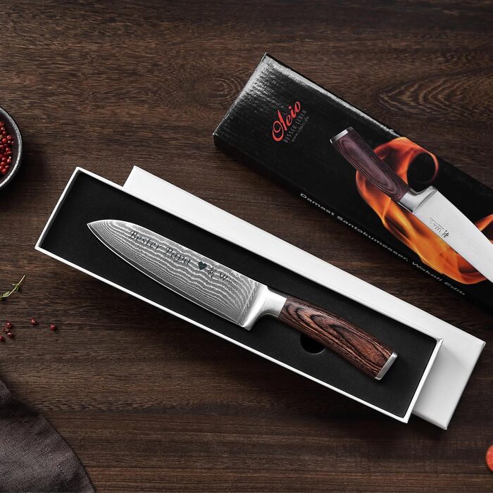 Японський ніж Santoku Wakoli EDIB з дамаської сталі (17 см) з VG10-серцем | Професійний кухонний ніж для приготування їжі | У подарунковій коробці з дерев'яною ручкою Pakkaholz