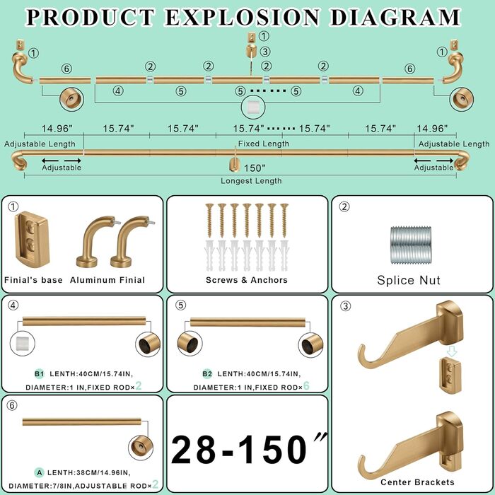 Штанга для штор Warmgold, діаметр 2,5 см, регульована штанга для затемнення, алюмінієві кінчики та кріплення, 71–381 см (28–150 дюймів), тепле золото