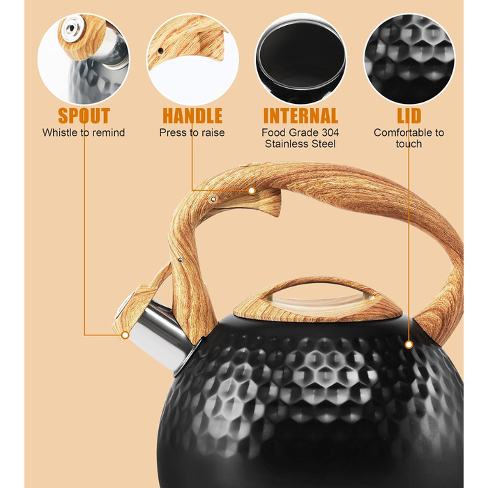 Чайник-свисток Foedo з нержавіючої сталі з дерев'яною текстурою, 3.2 л, для чаю, кави та молока, класичний дизайн, червоний (Чорний-6)