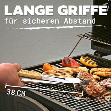 Набір гриль-посуду Praknu з дерев'яними ручками та сумкою - стійкий до високих температур, нержавіючий та міцний. Включає щітку, щипці, лопатку та виделку для м'яса. Ідеальний подарунок для чоловіків.