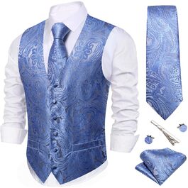 Костюмний жилет Barry.Wang чоловічий, 5-ти частинний комплект з краваткою та нагрудником, блакитний з чорним квітковим візерунком, Jacquard, шовк, 3XL