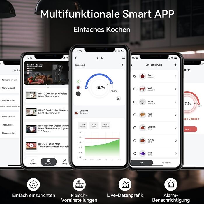 Термометр для м'яса BFOUR BF-30 PRO: бездротовий Bluetooth термометр-щуп з LCD-дисплеєм, IP67, для приготування BBQ, гриля, духовки, кухні (чорний)