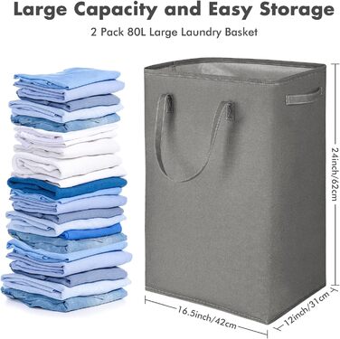 2-Pack 80L Large Laundry Basket, Foldable Laundry Basket/Laundry Bag with Long Reinforced Handles, Freestanding Laundry Basket for Bathroom, Bedroom, Dark Gray, Light Gray