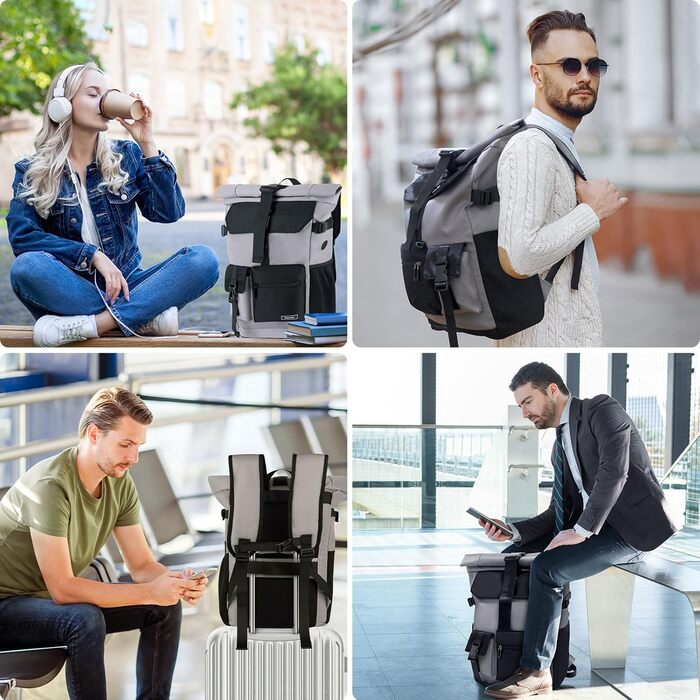 Roll-top Backpack Waterproof, 27L Large Backpack Men Women, School Backpack with 17.3 inch Laptop Compartment, Travel Backpack Hiking Backpack for Business Work University Travel Leisure (Gray)