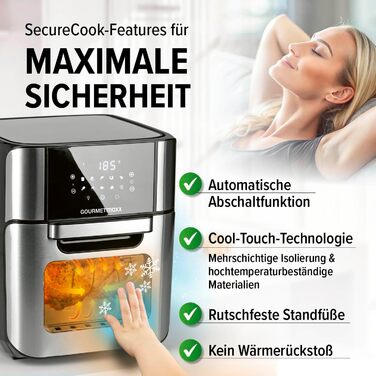 Gourmetmaxx Digital Hot Air Fryer 12 L, XXL Stainless Steel Oven | Air Fryer + Timer, Touch Display, Rotisserie | Low-Fat, Energy-Saving Frying | 10 Programs including Pizza | 1800 W