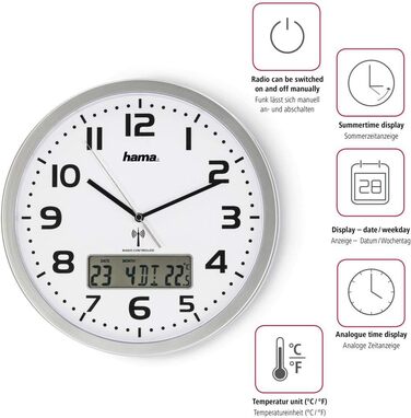 Hama Digital Radio Wall Clock (large radio clock with analog time display, wall clock with digital calendar and temperature display, incl. battery) Silver