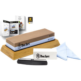 Преміум точильний камінь Bacher Schleifstein, двосторонній, зернистість 400/1000. Точило для ножів з бамбуковою підставкою, точильний камінь, допомога у заточуванні та детальна інструкція.