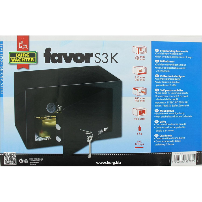 Трюмо Burg Wächter Favor S3 E з сейфовим замком, чорний, 200 x 310 x 200 мм, подвійний ригель, Single