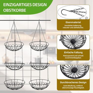 Металева етажерка для фруктів Stöckig 3 яруси - кошик для зберігання, чорний колір, для кухні, вітальні, офісу
