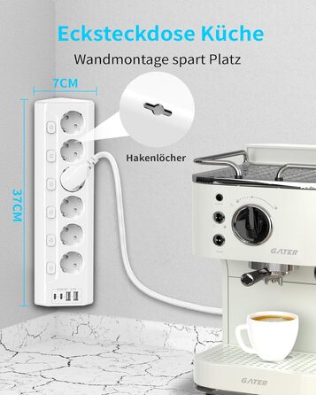 Розподільник розеток з захистом від перенапруги, 6 розеток, USB-C, 2м кабель, 4000W, 16A, для кухні, дому, офісу (білий)