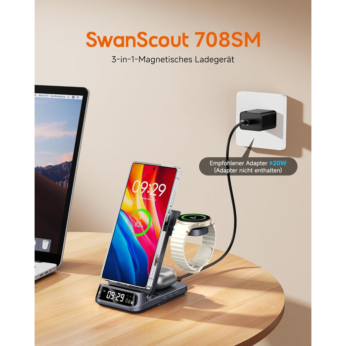 Зарядна станція SwanScout магнітна 3-в-1 для Samsung Galaxy S25 Ultra/S24/Z Flip 7/Z Fold 7, годинник Samsung Watch 8 Classic/8/Ultra/7, навушники Galaxy Buds 3, SwanScout 708SM