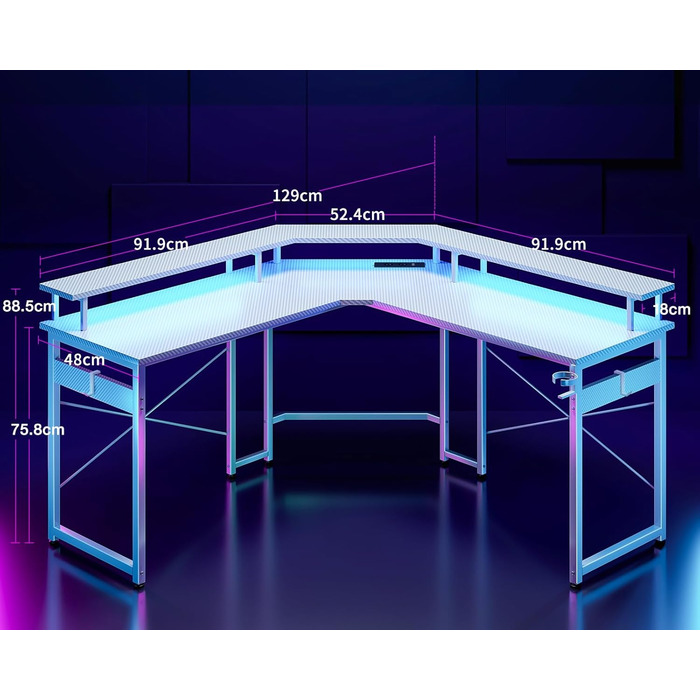 ODK Gaming Table with LED, Gaming Desk with 2 Outlets and 2 USB Charging Ports, PC Table Gaming with a Generous Monitor Stand, Gamer Desk in Carbon Fiber White, 129x129 cm