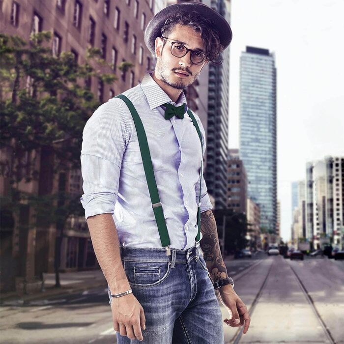 Підтяжки чоловічі DonDon Y-подібні, 3,5 см, еластичні, регульовані, комплект з метеликом, зелені