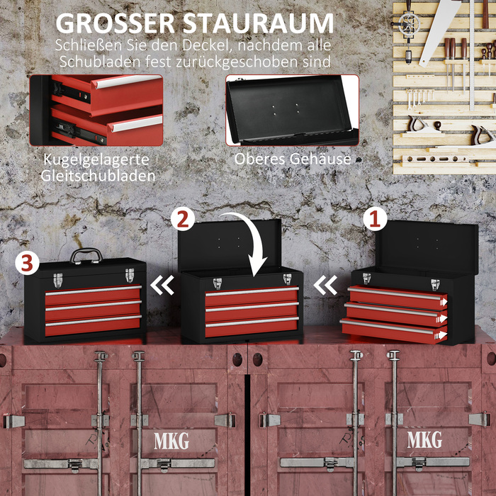 DURHAND Tool Case Practical Tool Box without Tools 3 Drawers with Handle Steel Lock Black Red